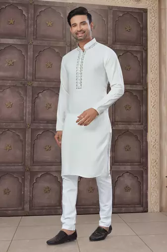 Off white art silk long kurta with cotton payjama for mens wear