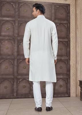 Off white art silk long kurta with cotton payjama for mens wear 3