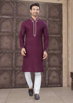 Purple art silk long kurta with cotton payjama for mens wear 1