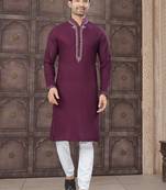 Purple art silk long kurta with cotton payjama for mens wear