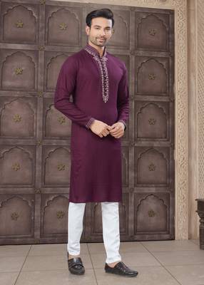 Purple art silk long kurta with cotton payjama for mens wear 2