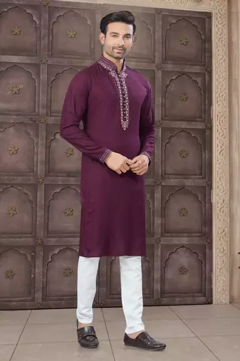 Purple art silk long kurta with cotton payjama for mens wear