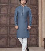 Grey art silk long kurta with cotton payjama for mens wear