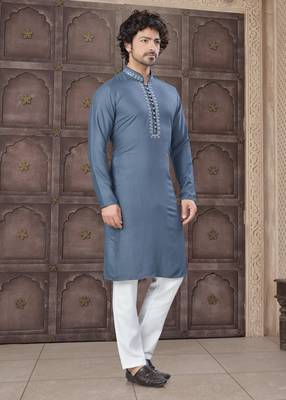 Grey art silk long kurta with cotton payjama for mens wear 2