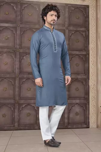 Grey art silk long kurta with cotton payjama for mens wear