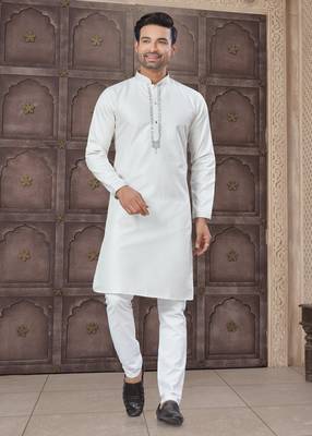 Cream art silk long kurta with cotton payjama for mens wear 1