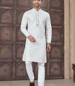 Cream art silk long kurta with cotton payjama for mens wear