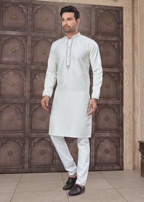 Cream art silk long kurta with cotton payjama for mens wear 2