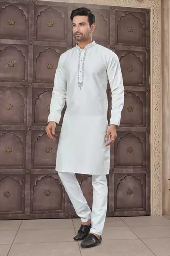 Cream art silk long kurta with cotton payjama for mens wear