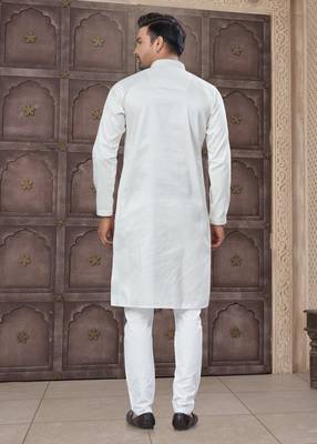 Cream art silk long kurta with cotton payjama for mens wear 3