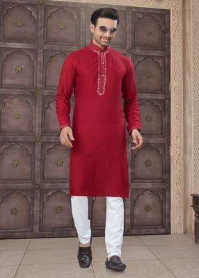 Red art silk long kurta with cotton payjama for mens wear 1