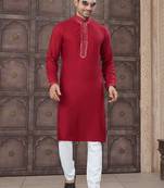 Red art silk long kurta with cotton payjama for mens wear