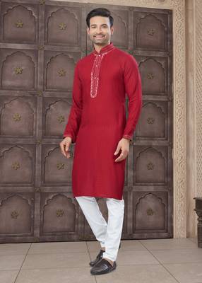 Red art silk long kurta with cotton payjama for mens wear 2