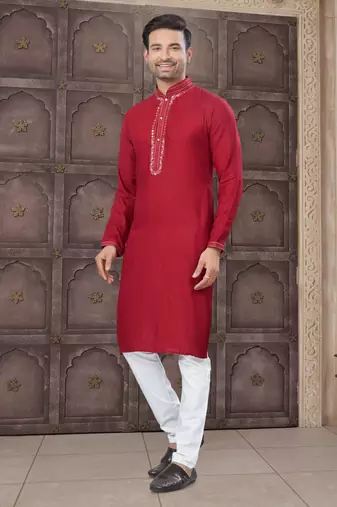 Red art silk long kurta with cotton payjama for mens wear