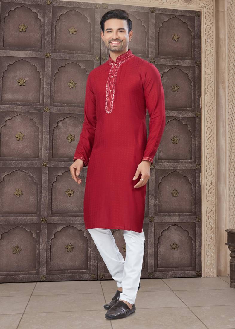 Red art silk long kurta with cotton payjama for mens wear