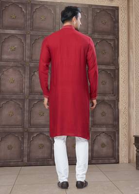 Red art silk long kurta with cotton payjama for mens wear 3
