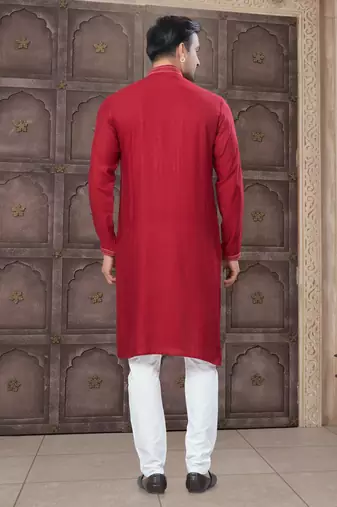 Red art silk long kurta with cotton payjama for mens wear