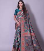 teal blue banarasi art silk saree with rich zari woven motifs