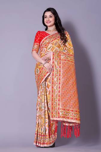 multi motif patola saree with ornate red pallu and tassels