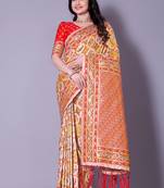 multi motif patola saree with ornate red pallu and tassels