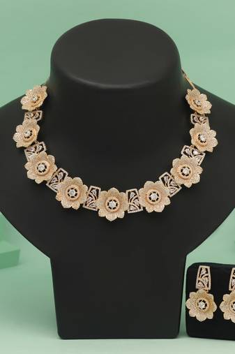 White color american diamond necklace set with gleaming crystal accents throughout