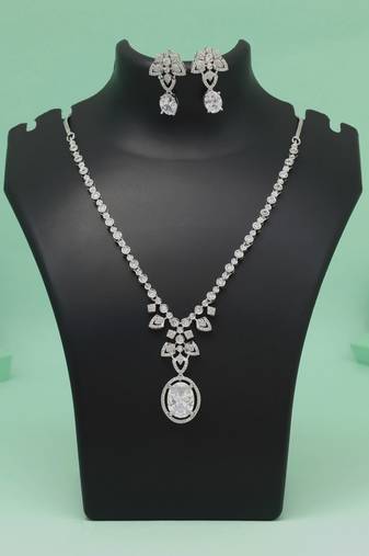 Silver color american diamond necklace set with timeless radiant stone detailing