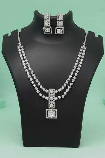 Silver color american diamond necklace set for modern bridal and party ensembles