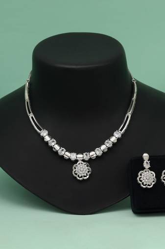 Silver color american diamond necklace set designed for elegant day or night wear