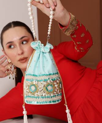 Blue silk potli bag with pearl handle 1