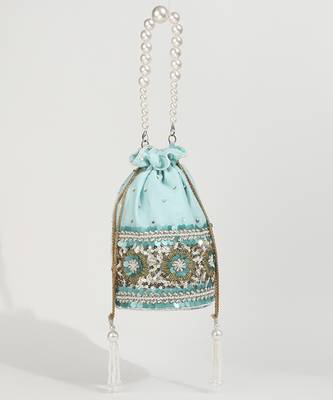 Blue silk potli bag with pearl handle 2