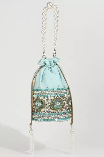 Blue silk potli bag with pearl handle