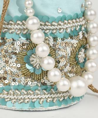 Blue silk potli bag with pearl handle 3