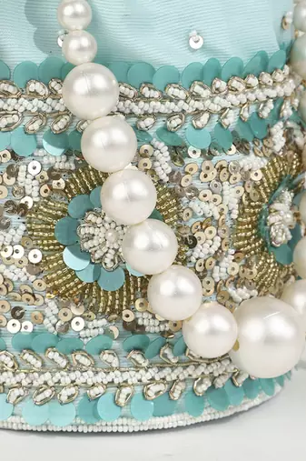 Blue silk potli bag with pearl handle