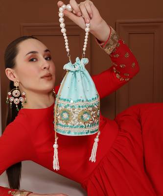 Blue silk potli bag with pearl handle 4