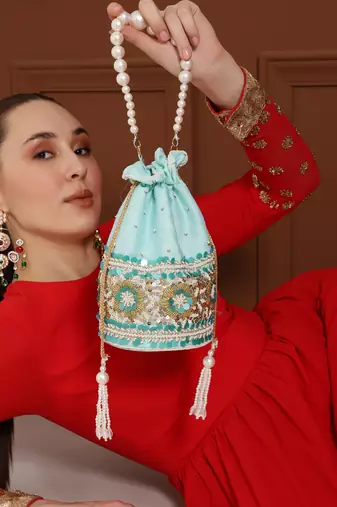Blue silk potli bag with pearl handle