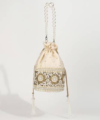 Gold silk potli bag with pearl handle 2