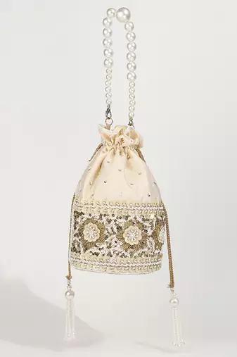 Gold silk potli bag with pearl handle