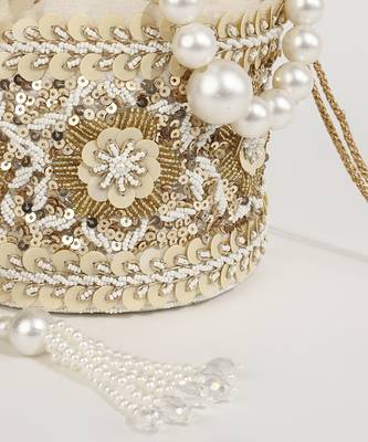 Gold silk potli bag with pearl handle 3