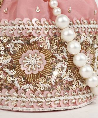 Pink silk potli bag with pearl handle 2