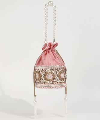 Pink silk potli bag with pearl handle 3