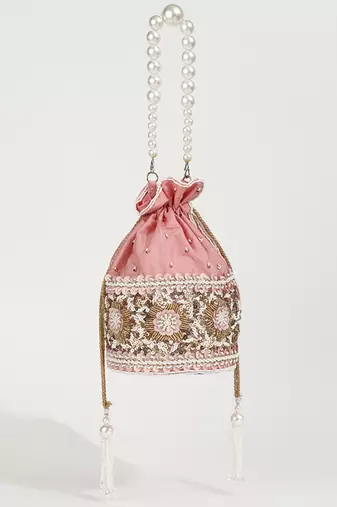 Pink silk potli bag with pearl handle