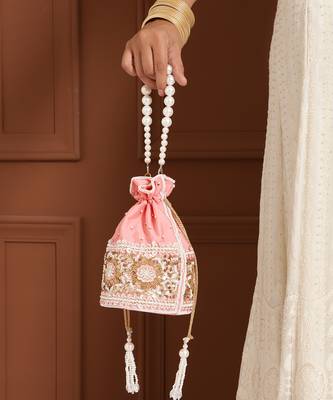Pink silk potli bag with pearl handle 5