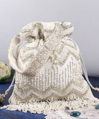 Suede white potli bag with detachable chain 1