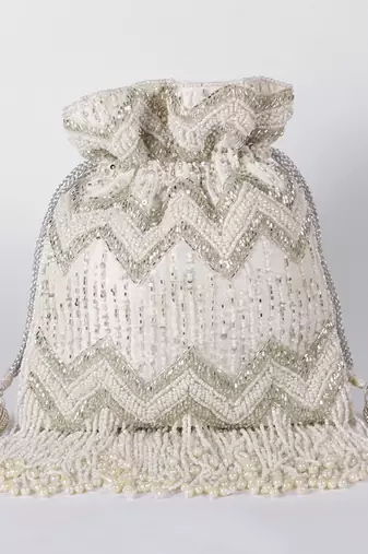 Suede white potli bag with detachable chain