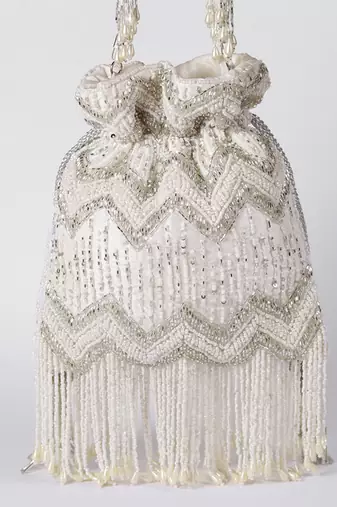 Suede white potli bag with detachable chain