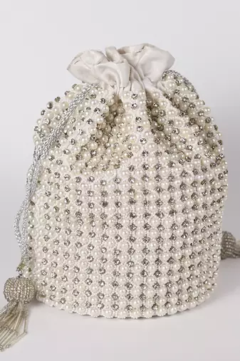 White suede potli bag with with detachable chain