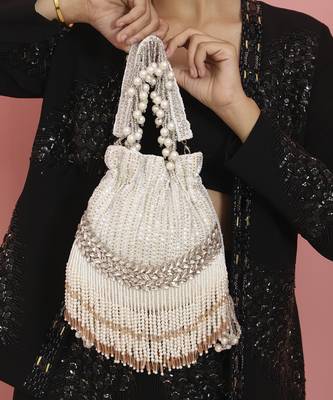 White suede potli bag with handle 1