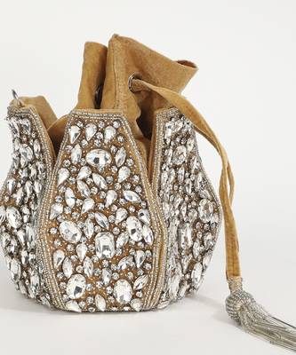 Suede gold potli bag with handle 3