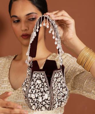 Suede red potli bag with handle 1