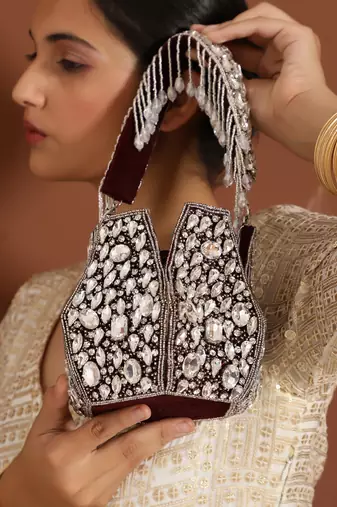 Suede red potli bag with handle